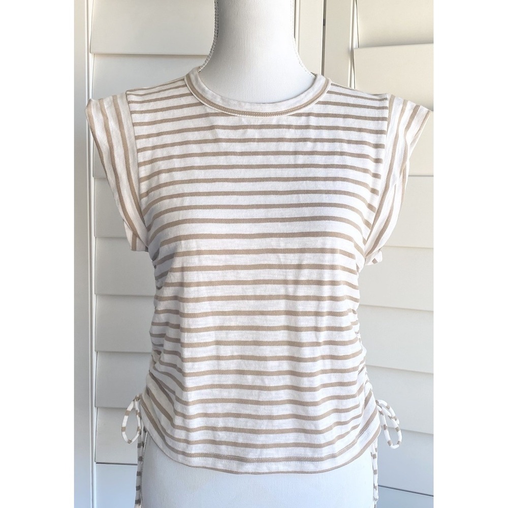 Miou Muse Sadie White & Tan Striped Drawstring Top‎ Crop Clean Girl 100% Cotton